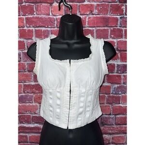 White Lace Trim Square Neck Corset Crop Top Front Hook Lace Up Back